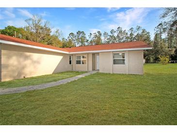 Single story home showcasing a lush lawn and a traditional facade with a clean pathway to the entrance at 11740 E Highway 25, Ocklawaha, FL 32179