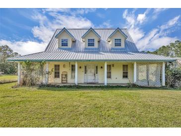 Charming country home featuring a metal roof and a spacious covered front porch at 42141 Chinaberry St, Eustis, FL 32736