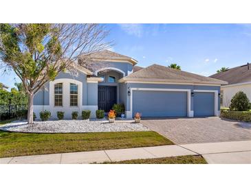 Charming one-story home with a three-car garage and well manicured landscaping at 569 Bellflower Way, Clermont, FL 34715