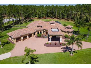 Stunning aerial view of an estate home featuring a terracotta roof, circular driveway and lush landscaping at 6801 Silver Charm Ct, Leesburg, FL 34748