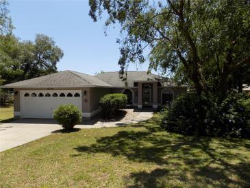 Charming single-story home featuring an attached two-car garage, mature landscaping, and a welcoming entryway at 36709 Sandy Ln, Grand Island, FL 32735