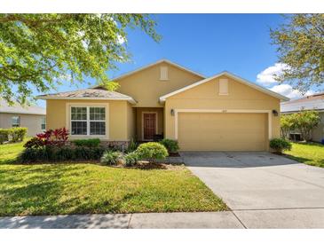 Charming single-story home featuring a well-manicured lawn, lovely landscaping, and attached garage at 202 Compass Rose Dr, Groveland, FL 34736