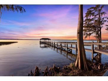 Waterfront property featuring a private dock and covered gazebo, perfect for enjoying scenic sunsets and lake views at 15749 Acorn Cir, Tavares, FL 32778