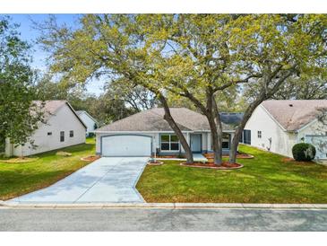 Charming single-Gathering home features mature trees, a two-car garage and beautifully landscaped front yard at 206 Desota Ct, The Villages, FL 32159