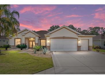 Charming single Gathering home with a well manicured lawn and a beautiful sunset in the background at 12511 Se 91St Terrace Rd, Summerfield, FL 34491