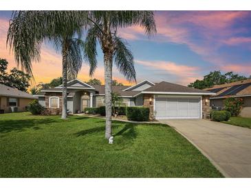 Charming single-story home featuring a well-manicured lawn, stone accents, and a two-car garage at 179 Patrice Hope St, Leesburg, FL 34748