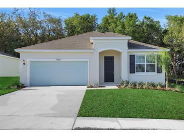 Charming single-story home with well-manicured lawn, attached garage, and inviting front entrance at 2980 Supermarine Rd, Tavares, FL 32778