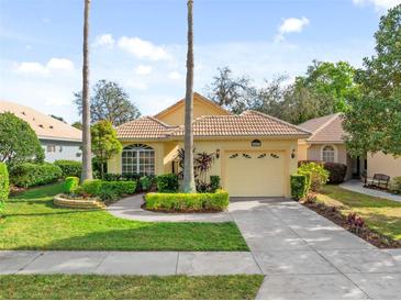 Charming single-story home featuring a tile roof, two-car garage, and well-manicured landscaping at 9027 Saint Andrews Way, Mount Dora, FL 32757