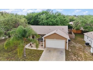 Charming single-story home with a well-manicured lawn, mature trees, and a two-car garage at 831 Whisper Sound, Minneola, FL 34715