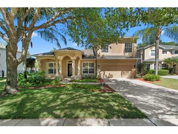 Charming home exterior with a well-manicured lawn, mature trees, and a two-car garage at 5138 Rishley Run Way, Mount Dora, FL 32757