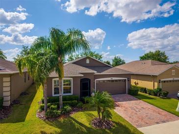 Charming single-story home with a well-manicured lawn, palm trees, and a brick-paved driveway at 3654 Limestone St, Clermont, FL 34711