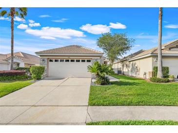 Charming single-story home featuring a well-manicured lawn, stone accents, and a two-car garage at 9081 Saint Andrews Way, Mount Dora, FL 32757