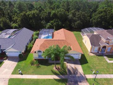 Aerial view of a charming home with a screened-in pool, lush landscaping and mature trees at 2855 Picadilly Cir, Kissimmee, FL 34747
