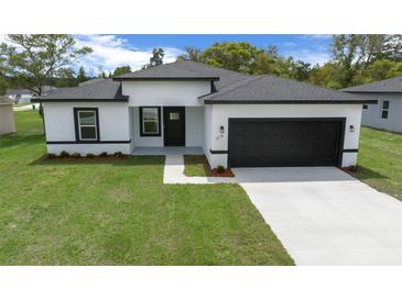 Charming single-story home showcasing a well-maintained lawn and a modern black-and-white color scheme at 3978 Sw 151St St, Ocala, FL 34473