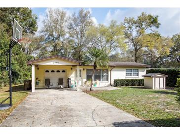 Charming single-story home with attached carport, basketball hoop, and a well-manicured front lawn at 25519 Colmar Ave, Sorrento, FL 32776