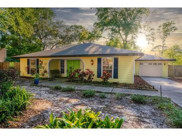 Charming, yellow one-story home featuring a green front door, manicured landscaping, and an attached two-car garage at 333 Stanley Bell Dr, Mount Dora, FL 32757