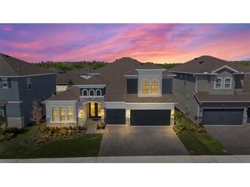 Beautiful two-story home with a two-car garage and professionally landscaped yard highlighted by a beautiful sunset at 4515 Lions Gate Ave, Clermont, FL 34711