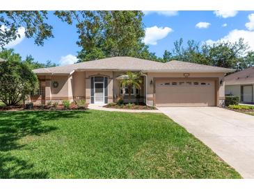 Charming single-story home with manicured lawn, mature trees, and two car garage at 5209 Grove Mnr, Lady Lake, FL 32159