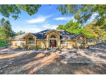 Stunning single-story home featuring a well-manicured lawn, mature trees, and an inviting entrance with large windows at 10640 Parkway Dr, Clermont, FL 34711