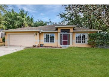 Charming single-story home featuring well-kept landscaping and a welcoming facade with a neatly manicured lawn at 1307 Rain Forest Ln, Minneola, FL 34715