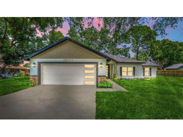 Charming single-story home featuring a two-car garage, well-manicured lawn, and neutral exterior paint at 10033 Canterbury Dr, Leesburg, FL 34788