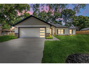 Charming single-Gathering home featuring a modern garage door and well-manicured lawn and landscaping at 10033 Canterbury Dr, Leesburg, FL 34788