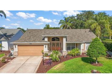Charming home featuring a well-manicured lawn, lush landscaping, and a two-car garage, offering great curb appeal at 25129 Riverwalk Dr, Leesburg, FL 34748