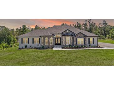 Charming single-story home with stone accents, arched windows, double doors, and a well-manicured lawn at 40050 Darlington Ave, Lady Lake, FL 32159