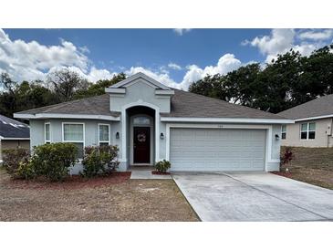 Charming single-story home featuring a two-car garage, neutral paint, and a well-manicured front lawn at 704 Chelsea Ave, Fruitland Park, FL 34731
