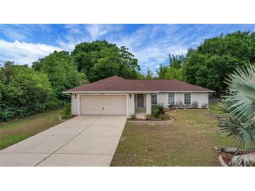 Charming single-Gathering home featuring a lush green lawn, mature trees, and an attached two-car garage at 14490 Se 96Th Ter, Summerfield, FL 34491