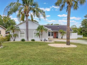 Charming single Gathering home with lush lawn, tropical trees, and solar panels on the roof at 12401 Blue Heron Way, Leesburg, FL 34788