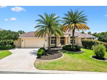 Charming one-story home featuring a well-manicured lawn, mature palm trees, and an attached two-car garage at 1123 Barnacle Ter, The Villages, FL 32162