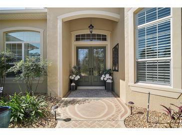 Inviting front entrance featuring double doors, decorative stone path, and arched entryway at 2204 Baypoint Way, The Villages, FL 32162