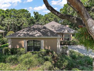 Tan home with landscaped front yard and mature shade trees giving a verdant surrounding to the property at 621 High Point Dr, Mount Dora, FL 32757