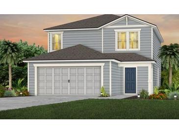 Two story home features a gray color scheme, a two car garage, and a well-manicured lawn at 7664 Agrigento St, Clermont, FL 34714