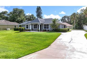 Charming single-story home with a lush green lawn, mature trees, and a long driveway leading to the entrance at 2024 Meadowside Dr, Eustis, FL 32726