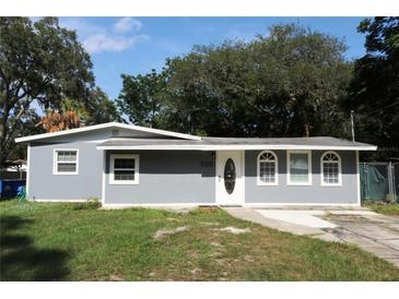 Charming single-story home featuring a gray exterior, well-maintained lawn, and a welcoming front entrance at 23515 Poinsettia Ave, Fruitland Park, FL 34731