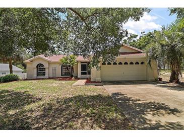 Charming single-story home with a well-manicured lawn, mature trees, and attached two-car garage at 15837 Hidden Lake Cir, Clermont, FL 34711