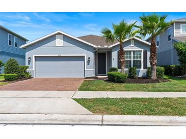 Charming single-story home with a well-manicured lawn and inviting curb appeal with palm trees at 17112 Goldcrest Loop, Clermont, FL 34714