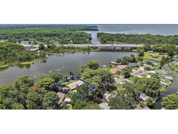Aerial view of a waterfront property surrounded by lush trees, with serene lake views at 31941 Tropical Shores Dr, Tavares, FL 32778