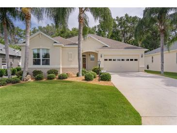 Charming single-story home with a well-manicured lawn and lush landscaping with palm trees at 541 Cokesbury Dr, The Villages, FL 32162