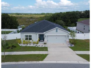 Charming single-story home featuring a well-manicured lawn, a two-car garage, and beautiful landscaping in a suburban setting at 591 Black Eagle Dr, Groveland, FL 34736