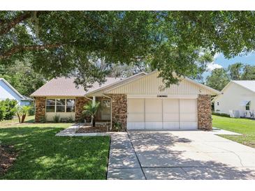 Charming single-story home with stone accents, lush lawn, and mature shade trees at 1011 Dundee Cir, Leesburg, FL 34788