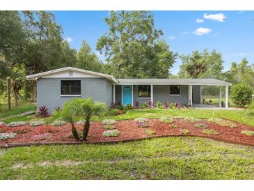 Charming home with a blue door and meticulously landscaped front yard featuring colorful plants and mulch at 4123 County Road 124, Wildwood, FL 34785