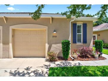 Inviting home exterior with garage, manicured lawn, and charming window shutters at 27121 White Plains Way, Leesburg, FL 34748
