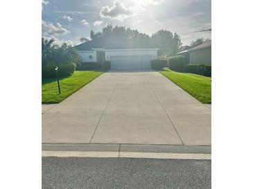 Charming single-story home featuring a well-manicured lawn and a long driveway leading to a two-car garage at 3819 Saint Emma Ct, Leesburg, FL 34748