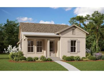 Charming single-story home with neutral stucco, manicured lawn, and inviting front porch, perfect for a relaxing atmosphere at 10061 Dulbecco St, Orlando, FL 32827