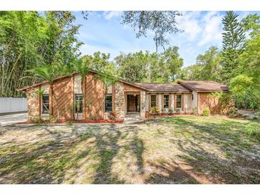 Charming single-story home featuring a unique stone and wood facade, complimented by mature palm trees and a spacious front lawn at 161 Cindy Ct, Lake Mary, FL 32746