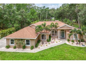 Charming single-story home with lush landscaping, featuring manicured lawn and mature trees, nestled in a serene setting at 33943 E Lake Joanna Dr, Eustis, FL 32736