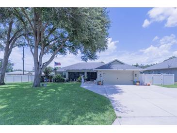 Charming single-story home featuring well-manicured lawn, mature trees, and attached two-car garage at 8489 Se 158Th Pl, Summerfield, FL 34491